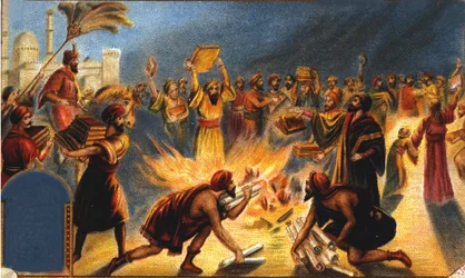 Califa Omar I queima a biblioteca de Alexandria - Liébig vinheta publicitária. chromolithographof do século XIX.