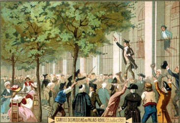 Camille Desmoulins no Palais Royal (07/12/1789). Cromolitografia do século XIX. - Revolução Francesa/Camille Desmoulins pede uma tempestade na Bastilha, Paris