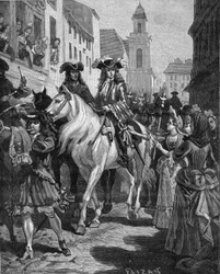 Guerra dos Camisards (1702-1704): um católico tenta tocar no líder dos Camisards, Jean Cavalier (1681-1740). Nîmes, Gard (30). Gravura do século XIX. Em «História de França», de Jules Michelet