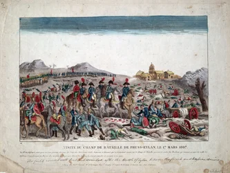Campanha Prussiana e Polaca (1806-1807) "Napoleão I no campo de batalha de Eylau em 9/02/1807" - No campo de batalha de Eylau - Anônimo - 1807 - Gravura, aguarela - 33,4x44,5 - Coleção Privada