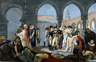 Campanha (Expedição) do Egito (1798-1801): O General Bonaparte visita o hospital das pestes em Jaffa. Gravura do século XIX.