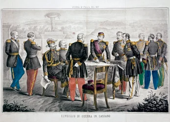 Campanha da Itália 1859: Conselho de Guerra de Cassano, que assiste à reunião de Vittorio Emanuele II (Victor-Emmanuel ou Victor Emmanuel) e do Imperador Napoleão III. Coleção Particular