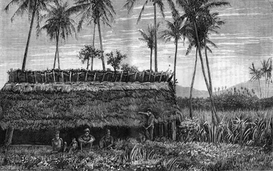 Canaques da Nova Caledônia (Nova Caledônia) em frente a uma caixa ou a uma casa de reunião. Gravura em "La Nature" (A Natureza)