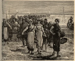 Cancale - Brittany - Les cancalaises au retour des bateau de fishing - - gravura em "PATRIE" - DESCRIPTION PECTUREQUIREQUE DE LA FRANCE EN 6 VOLUES BY LUCIEN HUARD - final do século XIX