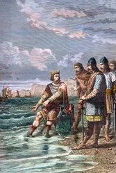 Canuto, o Grande, convence os seus cortesãos de que não tem poder para travar a maré - rei Canuto II, o Grande (Knud I, o Grande) (cerca de 995-1035), rei de Inglaterra desde 1016, da Dinamarca desde 1018 e da Noruega desde 1030