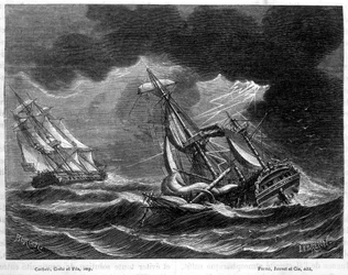 O navio do Capitão Cook poupou graças ao seu pára-raios, perto de um navio holandês atingido por um raio - em “As maravilhas da ciência” ”de Louis Figuier