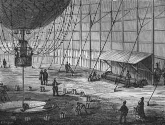 Balão cativo construído por Henry Giffard no Tuileries Garden, em 1878. In" Album de la Science", Éditions Jouvet