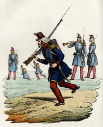 Carabineiros dos caçadores de Orleães do exército francês, criados em 1840 e enviados para a Argélia em 1841. Em "Storia d