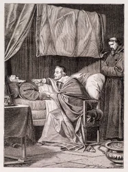 Cardeal Richelieu no leito da morte do Padre José - gravura