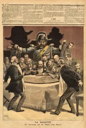 Caricatura da ilustração "la galette", sobre a festa dos reis, onde o banqueiro corta o bolo, todos se precipitaram para ter uma parte e encontraram em vez de uma festa o gendarme. Gravura em "Le petit journal" 7/01/1893. A colecção da Selva.