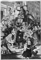 Carnaval em Roma: o passeio do costume romano do Dr. Pasquin. Ele oferece às senhoras das varandas os seus elixires. Gravura em "O Universo Ilustre".