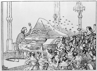 Desenho animado do triunfo de Franz Liszt num concerto em Berlim, em 1842.