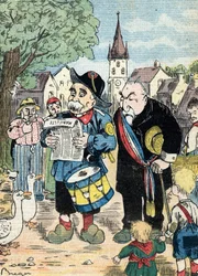 Caricatura representando Georges Clemenceau e Emile Combes em campanha conjunta nas campanhas francesas para as eleições de 1913 (Caricatura mostrando os estadistas franceses Emile Combes e Georges Clemenceau a concorrerem juntos às eleições presidenciais 