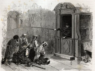 Praticantes católicos em oração, recebendo penitência comum, chicotes administrados por um padre da cabina. Gravura para ilustrar a história da Semana Santa em Roma, em 1863, por Ludovic Celler, em "Le tour du monde, nouveau journal des voyages" publi