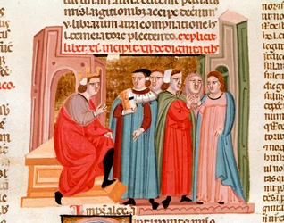 Celebração de um casamento na época do Imperador Justiniano (483-565). Miniatura tirada de "Justinianus Istitutiones", Pádua do século XIV, Biblioteca capitolare