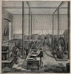 Celluloid: fabricação de celuloides. Gravura de 1885 em "Les arts et metiers illustres" de Adolphe BITARD.
