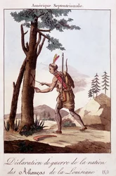 Cerimónia da declaração de guerra entre os índios Akancas da Louisiana - gravura