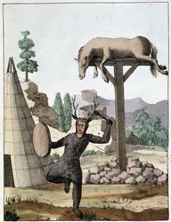 Chaman tonguse dançando em frente a um enterro (Sibéria) - gravura, deb. Século XIX