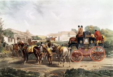Mudança de engate na pousada durante uma viagem de ônibus. Gravação em inglês. Colecção privada do século XIX