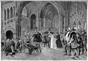 Personagens de Karloo, Jonah, Rysoor, Blackcarmes, Duque de Alba, Rafaela e a sequela do Duque de Alba no Acto IV "A Morte do Dragão". Cena da Ópera "Homeland! "por Sardou e Louis Gallet (1835-1898). Música de Emile Paladilhe (1844-1926)