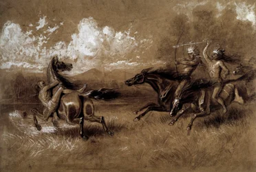 Acusação de índios que cavalgam contra um inimigo de outra tribo do século XIX, desenho Anónimo. La Rochelle, Museu do Novo Mundo