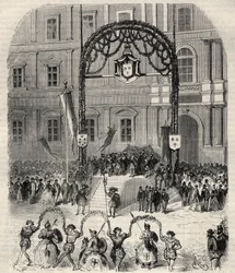 Festas de caridade em Marselha comemorando a chegada de François I onde conheceu o Papa Clemente VII: farandole dansee place saint Ferreol (Saint-Ferreol) diante da tribuna grande do Rei François I. Gravura em "L