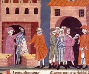 Caridade na Idade Média: "assistência pública". Cena da caridade e da assistência aos pobres. Miniatura da escola florentina tirada da tradução italiana do "Pater noster" do notário florentino Ser Zucchero Bencivenni, início do 14º ano.