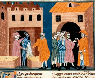 Caridade na Idade Média: "assistência pública". Cena da caridade e da assistência aos pobres. Miniatura da escola florentina tirada da tradução italiana do "Pater noster" do notário florentino Ser Zucchero Bencivenni, início do 14º ano.