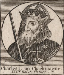 Carlos Magno (Carolus Magnus, Carlos o Grande) (747-814) Rei dos Francos e Imperador Cristão do Ocidente - gravura de "Instruction sur l