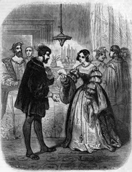 Charles V ou V (1500-1558) com Anne de Pisseleu (1508/1580) Duquesa de Etampes, dona de François I apelidada de La Belle Feronniere. Gravura do século XIX.