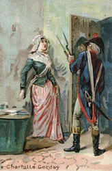 Charlotte Corday (1768-1793) após o assassinato de Marat. Cromolitografia Liebig do século XIX