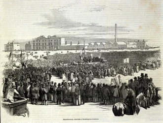 Manifestação cartista em Kennington Common: um movimento político operário, precursor do socialismo, gravura de 1848