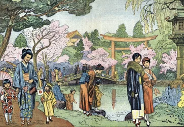 Cerejeiras em flor na primavera, Japão (flores de cerejeira japonesas no Japão na primavera, abril de 1933) Ilustração de "Le pelerin" 1933 Coleção particular