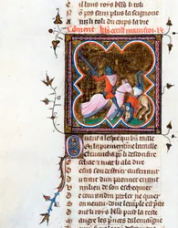 ""cavaleiro de armadura"" Página iluminada do manuscrito ""Le Roman de la Rose"" de Guillaume de Lorris (por volta de 1200-1238) e Jean de Meun (Meung) (1240-1305) por volta de 1353 Suíça Bibliotheque de Geneve