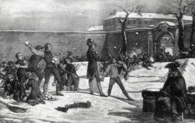 Infância de Napoleão I Bonaparte (1769-1821) na escola militar de Brienne-le-Château (Aube), em 1782: Napoleão no meio de uma batalha de bolas de neve entre crianças.