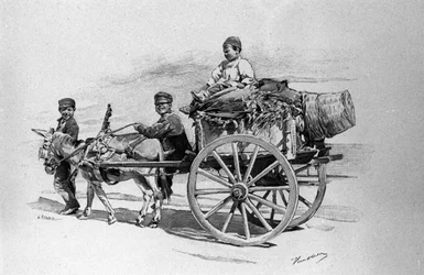 Filhos do povo em uma carroça desenhada por um burro. Gravura siciliana do século XIX
