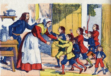 Retornos das Crianças, Ilustração para "Le Pepetit poucet", conto de Charles Perrault (1628-1703), escritor francês. Ilustração anônima. Imagery Marcel Vagne, Jarville Nancy, sem data (final do século XIX).