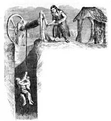 A descida de crianças para uma mina de carvão na Inglaterra, por volta de 1840.