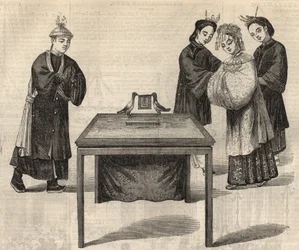 Costume chinês: assinar um contrato de casamento. Uma tábua com os nomes dos dois cônjuges é colocada sobre uma mesa com duas pombas. Gravação em "The Illustrated London News" de 14 de Fevereiro de 1857.