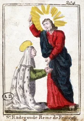 Cristo e São Radegundes (ca. 520 - 587), Rainha de França, esposa de Clotaire (Clothaire) I. Imagem piedosa. Gravura do início do século XIX. Bibliotheque des Arts décoratifs de Paris.
