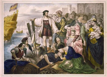 Cristóvão Colombo e os irmãos Pinzon deixam o porto de Palos, na Espanha, em 08/03/1492, para o Novo Mundo. Gravura sd. 2ª metade do século XIX.