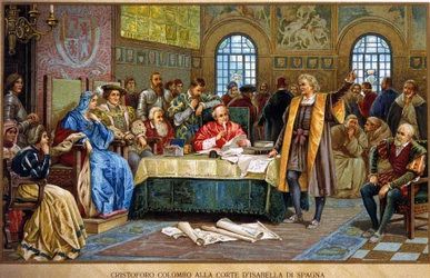 Cristóvão Colombo na corte de Isabel 1ª de Espanha, chamada de Católica ou Castela. chromolithographof do século XIX.
