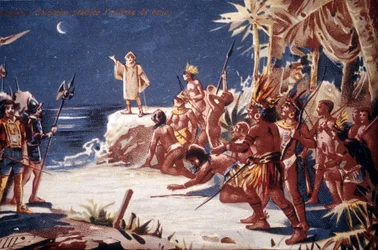 Cristóvão Colombo previu o eclipse da lua para os índios. A cromolitografia do século XIX.