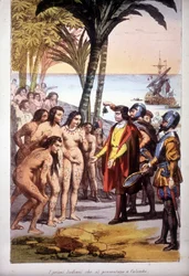 O desembarque de Cristóvão Colombo em San Salvador (Baamas) em 12/10/1492: os primeiros índios apareceram perante Colombo. Gravura, 1850.