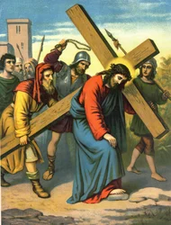 Cromolitografia do final do século XIX, retratando a vida de Cristo: Jesus carregando a sua cruz.