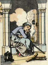 A Cinderela sonha com uma vida melhor perto da lareira da cozinha. Ilustração do conto de Charles Perrault "Cinderela ou La petite slipper de verre".