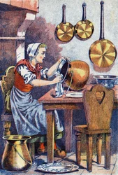 Cinderela em sua cozinha, ", Ilustração para "Cinderela", conto de Charles Perrault (1628-1703), escritor francês. Ilustração anônima.