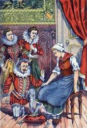 A Cinderela tenta o chinelo. Ilustração anônima de "Cinderela", conto de Charles Perrault (1628-1703), escritor francês. Imagery Marcel Vagne, Jarville Nancy, sem data (final do século XIX).