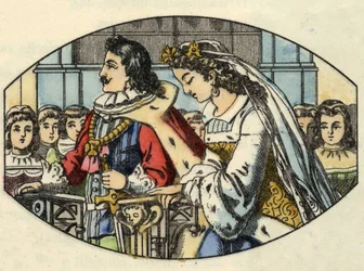 O casamento da Cinderela com o príncipe. Ilustração do conto de Charles Perrault "Cinderela ou La petite slipper de verre".