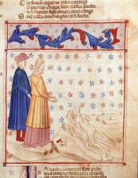 Círculo de Traidores: Dante e Virgil conhecem Ugolino della gherardesca, tirano de Pisa e condenado por traição à pátria, ele bate na cabeça do arquebactéria Ruggeri. Página iluminada ilustrando a 33ª canção do Inferno desenha da "Divina Commedia".